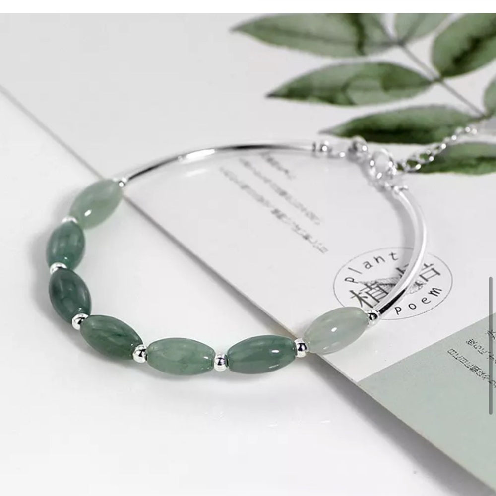 Natural Stone Green Jade 100% 925 Sterling Silver Bangle Bracelets